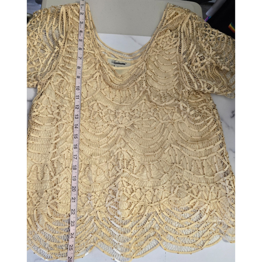 Vintage 80s Top Womens 2X Ivory 100% Silk Crochet Lace‎ Scallop Gold Beaded Glam - Picture 9 of 10